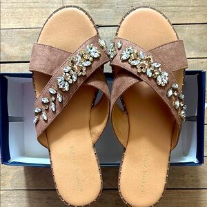 Adrienne Vittadini Taupe Jeweled Slip-On Sandals